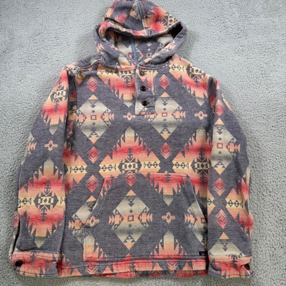Faherty Other - Faherty Mens Southwestern Aztec Print Cotton Henley Hoodie Gray Red Small